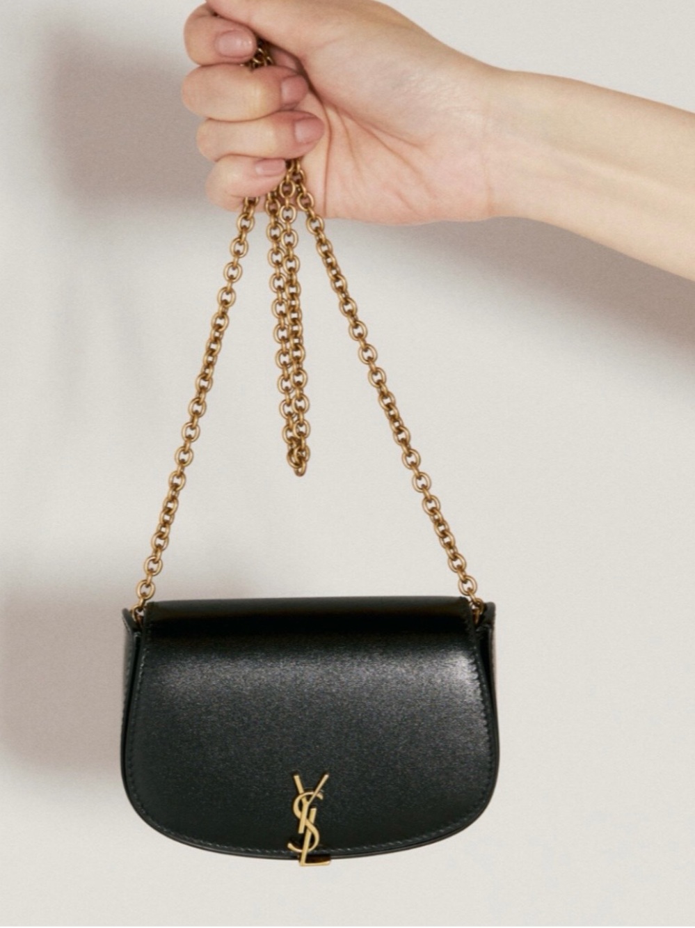 SAINT LAURENT VOLTAIRE BLACK LEATHER GOLD CHAIN MICRO BAG YSL FOLD-OVER FLAP NEW